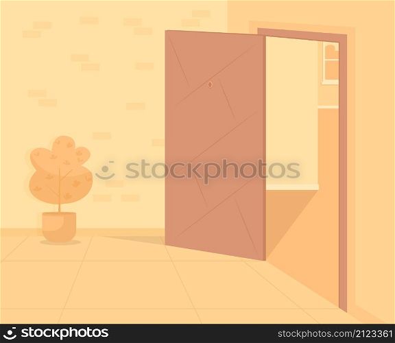 Corridor with opened door flat color vector illustration. Hallway with entrance way to room. Inside lobby. Apartment building 2D cartoon interior with monochrome orange on background. Corridor with opened door flat color vector illustration