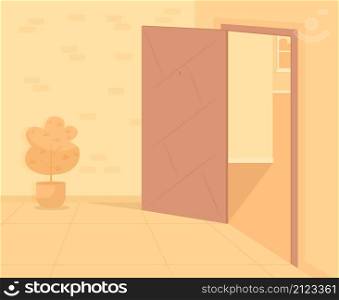 Corridor with opened door flat color vector illustration. Hallway with entrance way to room. Inside lobby. Apartment building 2D cartoon interior with monochrome orange on background. Corridor with opened door flat color vector illustration