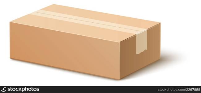 Corrugated box mockup. Closed blank cardboard container in realistic style isolated on white background. Corrugated box mockup. Closed blank cardboard container in realistic style