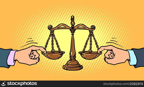 corrupt court concept. Politicians influence the judge. scales of justice, a symbol of judicial power and an honest decision, a weight meter. Comic Cartoon Kitsch Vintage Hand Drawing Illustration. corrupt court concept. Politicians influence the judge. scales of justice, a symbol of judicial power and an honest decision, a weight meter