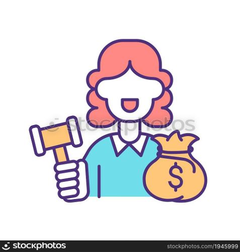 Corrupt female judge RGB color icon. Bribery in judicial branch. Passing false sentence in exchange for personal gain. Taking bribes. Isolated vector illustration. Simple filled line drawing. Corrupt female judge RGB color icon