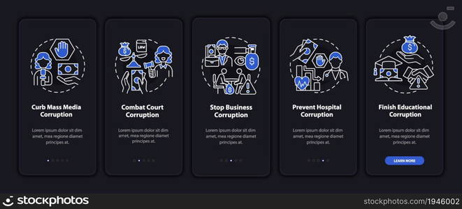 Corrupt practices onboarding mobile app page screen. Stop systemic corruption walkthrough 5 steps graphic instructions with concepts. UI, UX, GUI vector template with linear night mode illustrations. Corrupt practices onboarding mobile app page screen