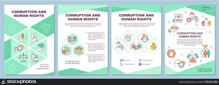 Corruption and human rights violation brochure template. Flyer, booklet, leaflet print, cover design with linear icons. Vector layouts for presentation, annual reports, advertisement pages. Corruption and human rights brochure template