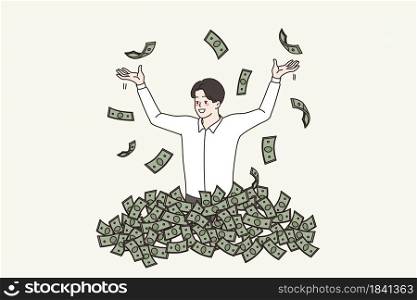 Corruption and illegal money concept. Young smiling businessman leader standing in heap of money cash bribes corruption feeling good in flying around banknotes vector illustration . Corruption and illegal money concept.