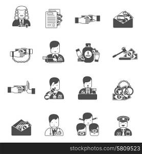 Corruption black icons set with bribe prison budget isolated vector illustration. Corruption Black Icons