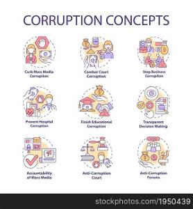 Corruption concept icons set. Corrupted government idea thin line color illustrations. Bribery in government. Embezzlement of budget money. Vector isolated outline drawings. Editable stroke. Corruption concept icons set