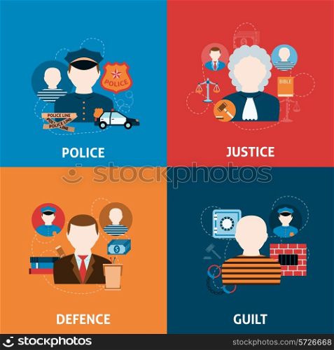Corruption crime punishment and legal civil law defense justice officer four flat icons composition abstract vector illustration