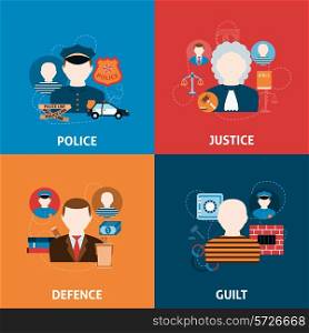 Corruption crime punishment and legal civil law defense justice officer four flat icons composition abstract vector illustration