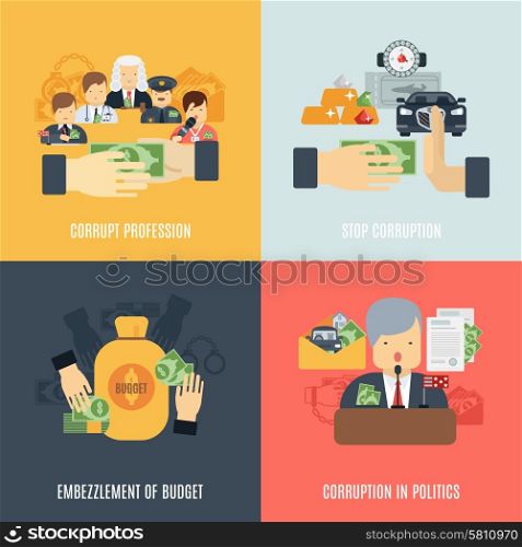 Corruption design concept set with budget embezzlement flat icons isolated vector illustration. Flat Corruption Set