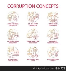 Corruption forms concept icons set. Corrupted government idea thin line color illustrations. Bribe in government. Embezzlement of money. Transparent decission making. Vector isolated outline drawings.. Corruption forms concept icons set