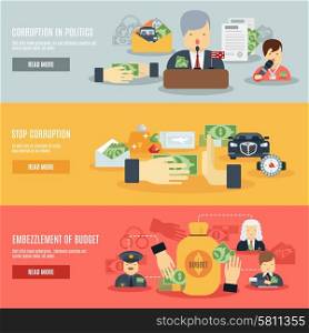 Corruption horizontal banner set with corrupt business and politics flat elements isolated vector illustration. Corruption Banner Set