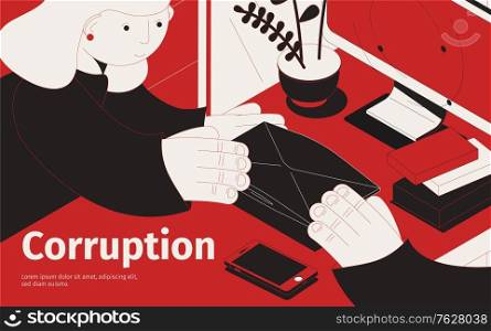 Corruption isometric composition with person giving a bribe in envelope vector illustration
