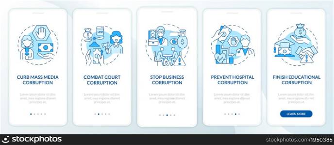 Corruption prevention onboarding blue mobile app page screen. Stop bribery walkthrough 5 steps graphic instructions with concepts. UI, UX, GUI vector template with linear color illustrations. Corruption prevention onboarding blue mobile app page screen