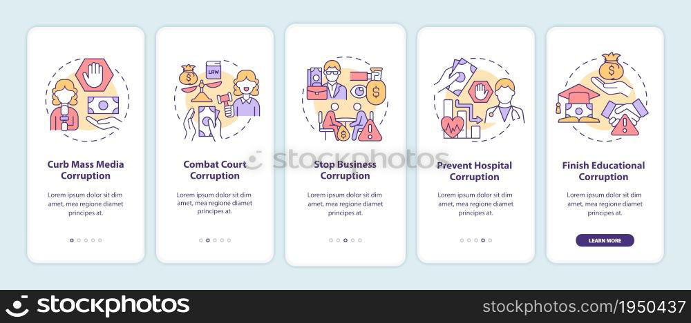 Corruption prevention onboarding mobile app page screen. Violation combat walkthrough 5 steps graphic instructions with concepts. UI, UX, GUI vector template with linear color illustrations. Corruption prevention onboarding mobile app page screen