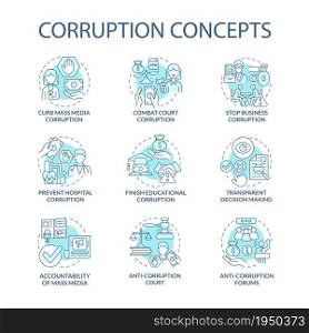 Corruption types concept icons set. Corrupted government idea thin line color illustrations. Bribery in government. Embezzlement of budget. Transparent decission making. Vector isolated outline drawings.. Corruption types concept icons set