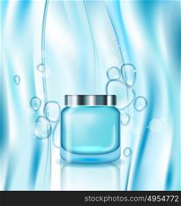 Cosmetic ad, Cream in Turquoise Tube. Illustration Cosmetic ad, Cream in Turquoise Tube, Watery Background with Drops - Vector