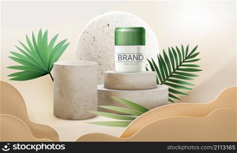 Cosmetic ad. Realistic banner with nature elements, pedestal with concrete texture and beauty skin care cosmetic product. Vector commercial promotion beautiful banner natural care for woman. Cosmetic ad. Realistic banner with nature elements, pedestal with concrete texture and beauty skin care cosmetic product. Vector commercial promotion adver