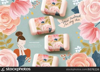 Cosmetic ad template with realistic rose soap mock-up set on cute watercolor hand drawn floral background, designed for natural skincare branding, 3D illustration. Cosmetic ads for rose soap