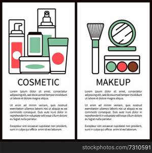 Cosmetic and makeup, set of posters with hand drawn elements and text sample with title, products for women vector illustration isolated on white. Cosmetic and Makeup Set, Vector Illustration