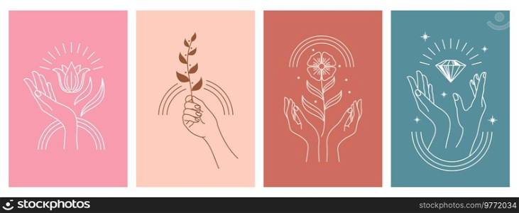 Cosmetic and SPA icons with woman hands, sun, flower, gem and moon in vector boho line. Diamond jewelry, flower blossom and plant branch symbols for cosmetic design, moisturizer cream or SPA skincare. Cosmetic SPA icons, woman hands, sun, flower, gem
