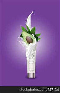 Cosmetic avocado banner magazine template for skincare products on purple geometric background. Cream splashing. 3d jars of cosmetics realistic illustration vector.