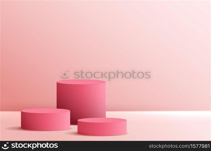 Cosmetic background for product, branding and packaging presentation. geometry form circle molding on podium stage pink background. vector.