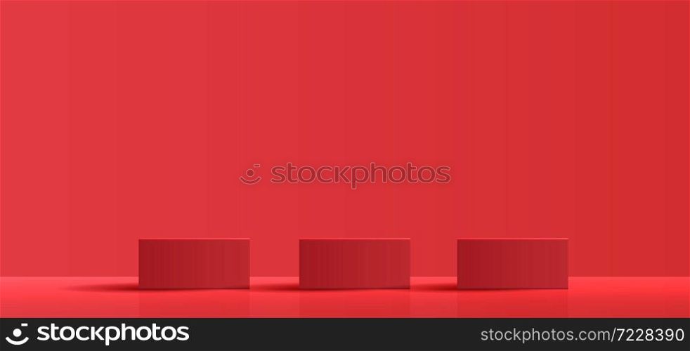 Cosmetic background for product, branding and packaging presentation. geometry form square molding on podium stage with red glittering light effect background. vector design.