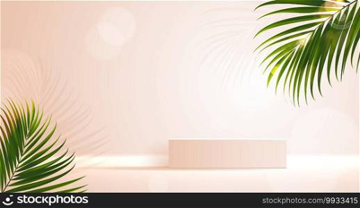 Cosmetic background for product, branding and packaging presentation. geometry form square molding on podium stage with tropical leaf background. vector design