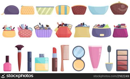Cosmetic bag icons set cartoon vector. Accessory barber. Beauty pouch. Cosmetic bag icons set cartoon vector. Accessory barber