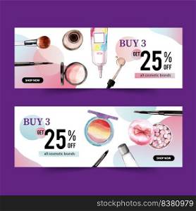 Cosmetic banner design with eyebrow pencil, brush, highlighter illustration watercolor. 