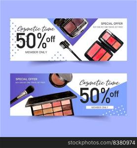 Cosmetic banner design with eyeshadow, brush, lipstick illustration watercolor. 