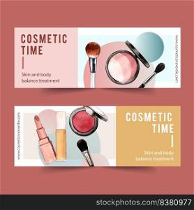 Cosmetic banner design with highlighter, brush on, lipstick illustration watercolor. 