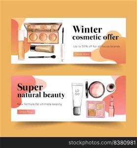 Cosmetic banner design with highlighter, mascara, brush illustration watercolor. 