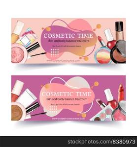 Cosmetic banner design with lip tint, brush on, highlighter illustration watercolor. 