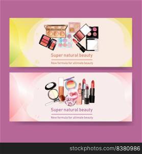 Cosmetic banner design with lipstick, brush on, highlighter, illustration watercolor. 