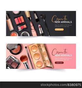 Cosmetic banner design with lipstick, eyeliner, highlighter illustration watercolor. 