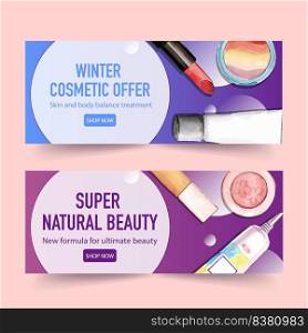 Cosmetic banner design with lipstick, highlighter illustration watercolor. 