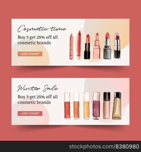 Cosmetic banner design with various lipsticks illustration watercolor. 