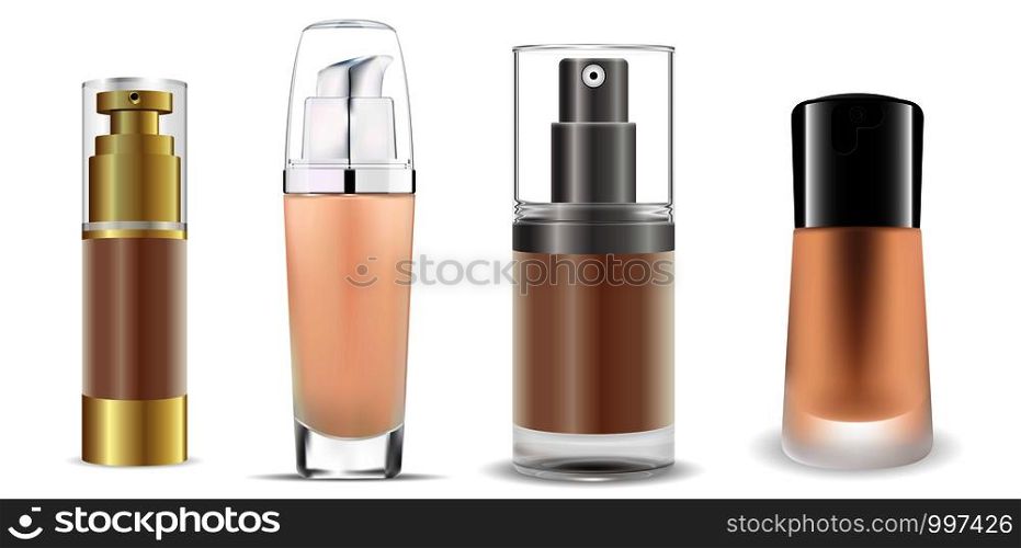 Cosmetic base glass bottles set. Vector design of cosmetic foundation package. Advertising of tonal cream, concealer, base. Nutritious cream, gel, body lotion with protein of silk.. Cosmetic base glass bottle set. Vector package