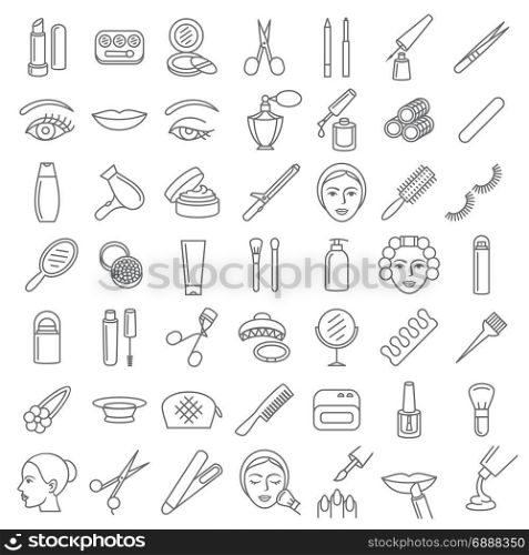 Cosmetic beauty and make up icon set in thin line style, pictogram, symbol