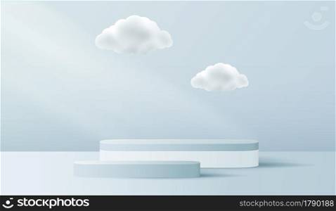 Cosmetic blue background and premium podium display for product presentation branding and packaging. studio stage with cloud on background. vector design.