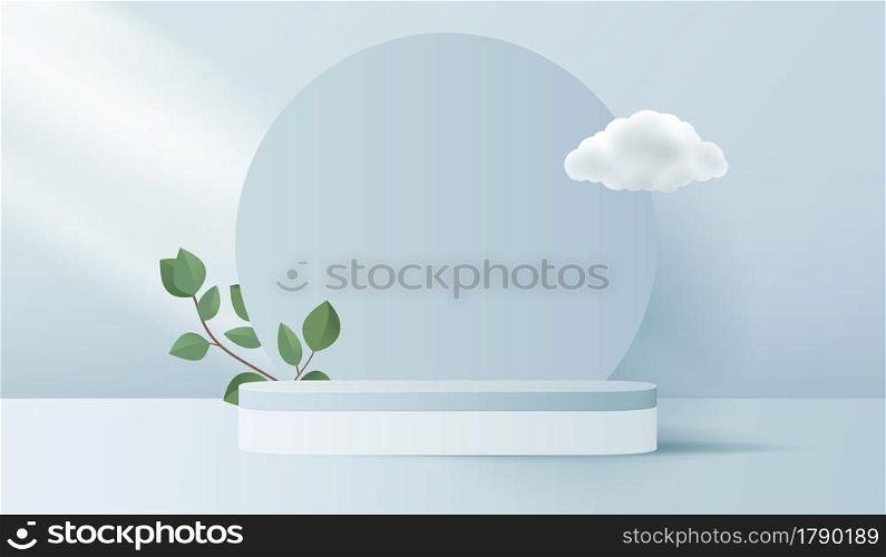 Cosmetic blue background and premium podium display for product presentation branding and packaging. studio stage with cloud on background. vector design.