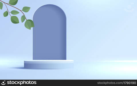 Cosmetic blue background and premium podium display for product presentation branding and packaging. studio stage with cloud and leaf on background. vector design.