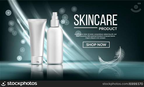 Cosmetic Bottle Banner Vector. Luxury Light. Abstract Label. Lotion, Gel. Premium Product. 3D Mockup Realistic Illustration. Cosmetic Bottle Poster Vector. Glossy, Bright. Clean, Glowing. Promotion Element. Skin Care. 3D Mockup Realistic Illustration
