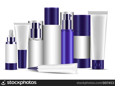 Cosmetic bottle blank templates set, plastic containers bottles with spray, dispenser and dropper, cream tubes. Realistic 3d mock-up of cosmetics package.. Cosmetic bottle template set, plastic container