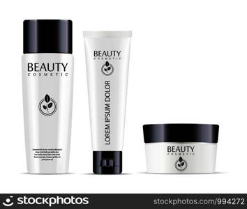 Cosmetic bottle for shampoo and jar with tube for cream, ointment, powder, salt. Realistic mockup package of cometics. Vector set with sample logo and label design.. Cosmetic bottle shampoo, jar tube cream, ointment