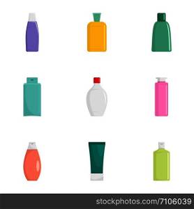 Cosmetic bottle icon set. Flat set of 9 cosmetic bottle vector icons for web design. Cosmetic bottle icon set, flat style