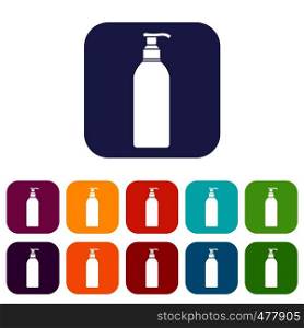 Cosmetic bottle icons set vector illustration in flat style in colors red, blue, green, and other. Cosmetic bottle icons set
