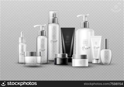 Cosmetic bottle mock up set isolated packages on gray background. Real transparency effect. Vector illustration EPS10. Cosmetic bottle mock up set isolated packages on gray background. Real transparency effect. Vector illustration