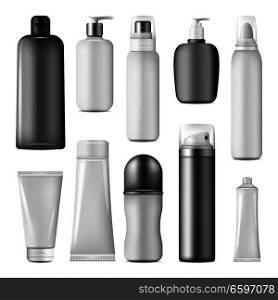 Cosmetic bottle mock up set. Skin care beauty product package with liquid container for cream, lotion and shampoo, spray, pump and dispenser for shower gel, bath foam and soap for packaging design. Cosmetic bottle, spray, pump and dispenser mock up